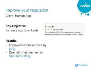 @usabilla@usabilla
Improve your reputation
• Improved resolution time by
60%
• Dramatic improvement in
AppStore rating
Results:
Increase app downloads
Key Objective:
Client: Human App
 
