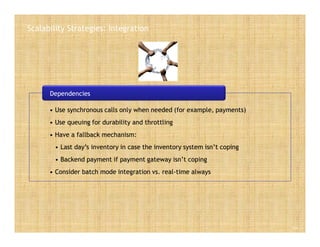 Scalability Strategies: Integration
Slide 12
• Use synchronous calls only when needed (for example, payments)
• Use queuing for durability and throttling
• Have a fallback mechanism:
• Last day’s inventory in case the inventory system isn’t coping
• Backend payment if payment gateway isn’t coping
• Consider batch mode integration vs. real-time always
• Use synchronous calls only when needed (for example, payments)
• Use queuing for durability and throttling
• Have a fallback mechanism:
• Last day’s inventory in case the inventory system isn’t coping
• Backend payment if payment gateway isn’t coping
• Consider batch mode integration vs. real-time always
Dependencies
 