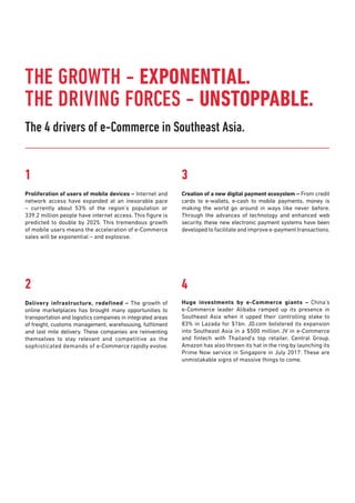 The 4 drivers of e-Commerce in Southeast Asia.
1
Proliferation of users of mobile devices – Internet and
network access ha...