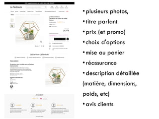 •plusieurs photos,
•titre parlant
•prix (et promo)
•choix d'options
•mise au panier
•réassurance
•description détaillée
(matière, dimensions,
poids, etc)
•avis clients
 