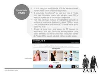  61% do tráfego do outlet virtual e 55% das vendas nacionais
provêm desses canais (site móvel e aplicativo)
 O consumidor “omnichannel”, ou seja, que visita a Privalia
tanto pelo computador quanto pelo aplicativo, gasta 56% a
mais que aqueles que só circulam pelo computador.
 Todo mês, são feitas cerca de 270 campanhas (conjunto de
produtos de uma marca), totalizando mais de 2.500 por ano e
cada uma delas reúne uma média de 270 itens e fica de quatro
a sete dias no ar.
 Privalia já conta com uma equipe de 50 pessoas no
atendimento, que são distribuídas estrategicamente entre
canais diferentes. O e-mail é o canal mais usado pelos clientes
da Privalia (68%), seguido pelo chat, telefone e redes sociais.
Fonte: E-commerce Brasil
Concorrência:
Privalia
Site Privalia
 
