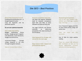 Site SEO – Best Practices

Choose Best keywords/research
Freekeyword.wordtracker.com or
Google keyword tracker
Long tail keywords and be
extremely specific
Do not over-optimize keywords
Have ample back linking
Blogger
backlinking,
Online
groups, Google groups, Craigslist,
Link directories, Local directories,
Google local directories.
University/Colleges
through
college programs or roll outs
through evangelist network.
Keep on Constant back linking

Research competition back links
Use open site explorer (SEOMOZ
tool) to research competition
back links and filter to show
followed and external links only
Use page authority and domain
authority
to
determine
prospective link value (ranking of
30 and above)

Keyword tag best practices
Use of title tags, headline tags,
definite use of alt tags, content
tags, meta tags
Use of keyword tagging and links
on back linked articles, blogs and
author bios
Clear site
structures

maps

and

URL

Have keywords for all pages and
not just for the main page

Use of SEM for initial website
visibilty

Keep Content fresh, original and
grammatically hygienic

There are around 200 different
SEO conditions as laid out by
various webmasters. Constant
adherence to those guidelines

 