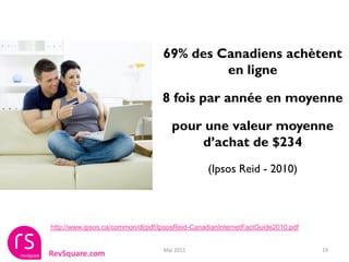 69% des Canadiens achètent
                                           en ligne

                                  8 fois par année en moyenne

                                      pour une valeur moyenne
                                          d’achat de $234
                                                (Ipsos Reid - 2010)



http://www.ipsos.ca/common/dl/pdf/IpsosReid-CanadianInternetFactGuide2010.pdf


                                   Mai 2011                                     19
RevSquare.com
 