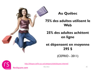 Au Québec

                                     75% des adultes utilisent le
                                               Web

                                       25% des adultes achètent
                                               en ligne

                                      et dépensent en moyenne
                                               295 $
                                                     (CEFRIO - 2011)

          http://blogue.cefrio.qc.ca/category/statistiques-internet/
                                   Mai 2011                            20
RevSquare.com
 
