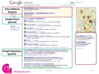 Pubs AdWords
   (Payant)

  Google Places
    (gratuit)




Google Organique
    (gratuit)



                         Copyright © 2011 WebTarget Inc


                            Mai 2011                      41
         RevSquare.com
 