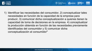 www.artesaniasdecolombia.com.co
1) Identificar las necesidades del consumidor, 2) conceptualizar tales
necesidades en función de la capacidad de la empresa para
producir, 3) comunicar dicha conceptualización a quienes tienen la
capacidad de toma de decisiones en la empresa. 4) conceptualizar
la producción obtenida en función de las necesidades previamente
identificadas del consumidor y 5) comunicar dicha
conceptualización al consumidor"
 