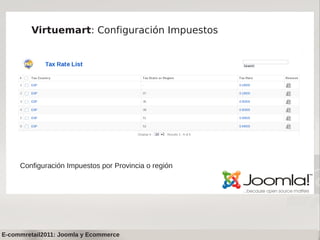 Virtuemart: Configuración Impuestos




     Configuración Impuestos por Provincia o región




E-commretail2011: Joomla y Ecommerce
 