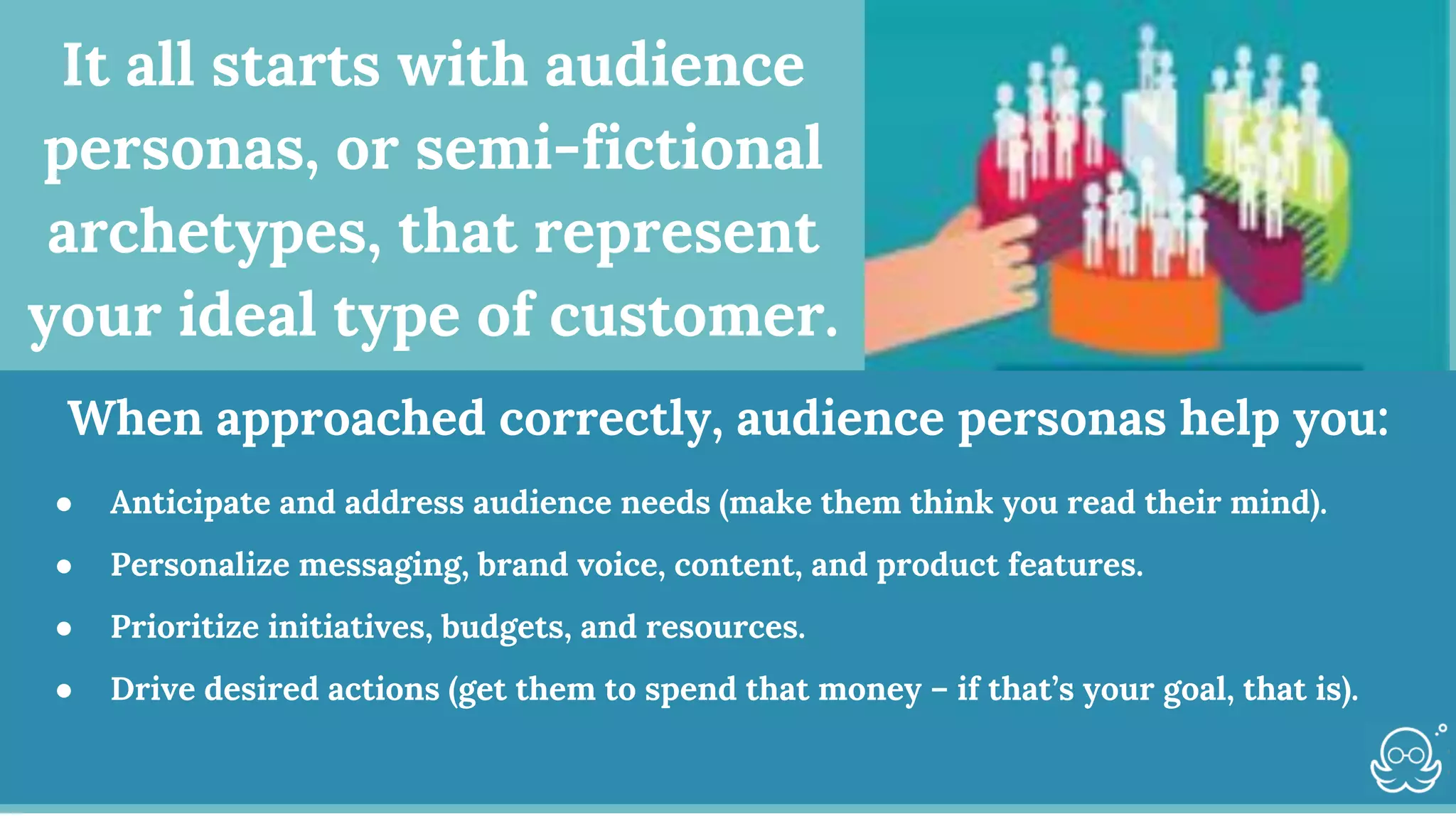 It all starts with audience
personas, or semi-fictional
archetypes, that represent
your ideal type of customer.
When approached correctly, audience personas help you:
● Anticipate and address audience needs (make them think you read their mind).
● Personalize messaging, brand voice, content, and product features.
● Prioritize initiatives, budgets, and resources.
● Drive desired actions (get them to spend that money – if that’s your goal, that is).
 