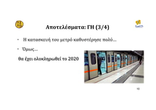 •  	Η	κατασκευή	του	μετρό	καθυστέρησε	πολύ…	
•  Όμως…	
	θα	έχει	ολοκληρωθεί	το	2020	
10
Αποτελέσματα:	ΓΗ	(3/4)	
 