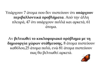 Υπάρχουν 7 άτομα που δεν πιστεύουν ότι υπάρχουν
περιβαλλοντικά προβλήματα. Από την άλλη
πλευρά, 47 ότι υπάρχουν πολλά και αρκετά, 61
άτομα.
Αν βελτιωθεί το κυκλοφοριακό πρόβλημα με τη
δημιουργία χώρων στάθμευσης, 8 άτομα πιστεύουν
καθόλου,25 άτομα πολύ, ενώ 81 άτομα πιστεύουν
πως θα βελτιωθεί αρκετά.
 