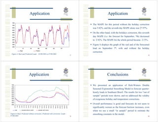 Application                                                                                                                                                   Application

  7500

  7000
                                                                                                                                                                                                        The MAPE for this period without the holiday correction
  6500                                                                                                                                                                                                  was 5.82%, and the seventh day MAPE alone was 27.97%.
  6000

  5500                                                                                                                                                                                                  On the other hand, with the holidays correction, this seventh
  5000

  4500
                                                                                                                                                                                                        day MAPE (i.e. the forecast for September, 7th) decreased
  4000                                                                                                                                                                                                  to 2.92%. The MAPE for the whole period became 2.15%.
  3500
  3000                                                                                                                                                                                                  Figure 6 displays the graph of the real and of the forecasted
  2500
          1                      97                       193                     289                            385                      481                             577                           load on September 7th, with and without the holiday
                          Real                                                 Predict
                                                                                                                                                                                                        correction.
 Figure 4. Real and Predicted Loads – 01/09/2005 to 07/09/2005
                                                                                                                                                                                                   37                                                              38




                                                     Application                                                                                                                                                       Conclusions

 7500                                                                                                                                                                                                   We presented an application of Holt-Winters Double
 7000
 6500                                                                                                                                                                                                   Seasonal Exponential Smoothing Model to forecast quarter-
 6000
 5500                                                                                                                                                                                                   hourly loads in Southeast Brazil. The results for two “out of
 5000
 4500
                                                                                                                                                                                                        sample” periods were shown, and we addressed the validity
 4000
                                                                                                                                                                                                        of exogenous holiday and temperature corrections.
 3500
 3000
 2500
                                                                                                                                                                                                        Overall performance is good and forecasts do not seem to
         0:15




                                     4:15
                                            5:15




                                                                                                                  14:15
                1:15
                       2:15
                              3:15




                                                   6:15
                                                          7:15
                                                                 8:15
                                                                        9:15
                                                                                10:15
                                                                                         11:15
                                                                                                 12:15
                                                                                                         13:15


                                                                                                                          15:15
                                                                                                                                  16:15
                                                                                                                                          17:15
                                                                                                                                                  18:15
                                                                                                                                                          19:15
                                                                                                                                                                  20:15
                                                                                                                                                                           21:15
                                                                                                                                                                                   22:15
                                                                                                                                                                                           23:15




                                                                                                                                                                                                        significantly worsen as the forecast horizon increases, even
          real                 previsão wi thout correct                                previsão with correct
                                                                                                                                                                                                        when we use a small “in sample” period to estimate the
Figure 6. Real, Predicted without correction, Predicted with correction Loads –                                                                                                                         smoothing constants in the model.
07/09/2005                                                                                                                                                                                         39                                                              40
 