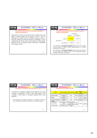 50
ECONOMIA – Micro e Macro
197
Dois parceiros em um crime são presos por um policial. Para cada
ladrão, o policial propõe que ele confesse o crime e sirva de
testemunha de acusação. Se um dos ladrões confessa o crime e o
outro não, aquele que confessou será posto em liberdade e o outro
cumprirá pena de 10 anos. Caso os dois confessem, ambos ficarão
presos por 3 anos. Se nenhum dos dois confessarem, a penalidade
será de apenas um ano.
Estruturas de Mercado: Teoria dos Jogos (Exemplo: o
dilema dos prisioneiros)
ECONOMIA – Micro e Macro
198
PrisioneiroA
Prisioneiro B
confessa (-3,-3) (0,-10)
(-10,0) (-1,-1)
confessa não confessa
não confessa
Uma estratégia é dita estritamenteestritamente dominadadominada quando há uma outra estratégia
que gera sempre um melhor resultado independentemente da estratégia
escolhida pelo outro jogador.
Uma estratégia é dita fracamentefracamente dominadadominada quando há uma outra estratégia
que gera sempre um resultado melhor ou igual independentemente da
estratégia escolhida pelo outro jogador.
Estruturas de Mercado: Teoria dos Jogos (Exemplo: o
dilema dos prisioneiros)
ECONOMIA – Micro e Macro
199
O conjunto das estratégias escolhidas pelos jogadores de um jogo
constitui um equilíbrio de Nash se, para cada jogador, a sua
estratégia é ótima dadas as estratégias adotadas pelos outros
jogadores.
• Todo equilíbrio com estratégias dominantes é um equilíbrio de Nash mas
nem todo equilíbrio de Nash é um equilíbrio com estratégias dominantes.
Estruturas de Mercado: Teoria dos Jogos (Equilíbrio de Nash)
ECONOMIA – Micro e Macro
200
Estruturas de Mercado: Resumo
Estrutura Objetivo da Empresa Número de Firmas
Tipo de
Produto
Entrada de
Novas
Empresas
Lucrosa LP
Concorrência Perfeita
Maximização de Lucros
(RMg=CMg)
Infinitas Homogêneo
Não existem
barreiras
Lucros Normais
Monopólio
Maximização de Lucros
(RMg=CMg)
Uma Único Barreiras
Lucros
Extraordinários
Concorrência Monopolística
Maximização de Lucros
(RMg=CMg)
Muitas Diferenciado
Não existem
barreiras
Lucros Normais
Modelo Clássico
Maximização de Lucros
(RMg=CMg)
Oligopólio Concentrado:
poucas empresas
Modelo de Mark-up
Maximização Mark-up =
Rec. Vendas - Custos Dir.
Oligopólio Competitivo:
poucas dominam o
setor
Oligopópilo
Homogêneo
ou
diferenciado
Barreiras
Lucros
Extraordinários
 