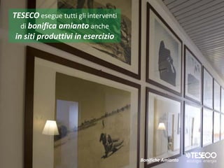 TESECO esegue tutti gli interventi
   di bonifica amianto anche
 in siti produttivi in esercizio




                                     Bonifiche Amianto
 