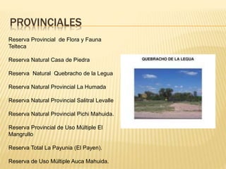 PROVINCIALES 
Reserva Provincial de Flora y Fauna 
Telteca 
Reserva Natural Casa de Piedra 
Reserva Natural Quebracho de la Legua 
Reserva Natural Provincial La Humada 
Reserva Natural Provincial Salitral Levalle 
Reserva Natural Provincial Pichi Mahuida. 
Reserva Provincial de Uso Múltiple El 
Mangrullo 
Reserva Total La Payunia (El Payen). 
Reserva de Uso Múltiple Auca Mahuida. 
 