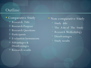 Outline Comparative Study Research  Title Research Purpose Research Questions Participants Evaluation Instruments Advantages & Disadvantages Research results Non-comparative Study Study  title The  Aim of  The  Study Research Methodology Disadvantages Study results 