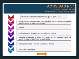 ACTIVIDAD Nº. 1
                                                                LECTURA EN COMPUTACIÓN
                                                    Interpretación de códigos no lingüísticos


                 •Herramientas computacionales: grado 10° – 11°
ÁREA DE
TRABAJO



            •Desarrollo habilidades para crear dibujos (pictogramas) utilizando
ESTÁNDAR
             las diferentes formas geométricas

            •Diseño
   EJE
TEMÁTICO




            • Lectura sobre un texto para una comunicación efectiva
  TEMA



            • Identifica, comprende y aplica la función de los diferentes tipos de
 LOGRO
              AUTOFORMAS y RELLENOS DE IMÁGENES


            • Sala de informática – Internet – Autoformas (formas)
RECURSOS




            • Word 2007 o anteriores
SOFTWARE
UTILIZADO



                                          Continuar
 