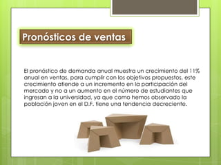 Pronósticos de ventas El pronóstico de demanda anual muestra un crecimiento del 11% anual en ventas, para cumplir con los objetivos propuestos, este crecimiento atiende a un incremento en la participación del mercado y no a un aumento en el número de estudiantes que ingresan a la universidad, ya que como hemos observado la población joven en el D.F. tiene una tendencia decreciente.