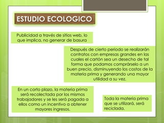 ESTUDIO ECOLOGICOPublicidad a través de sitios web, lo que implica, no generar de basura Después de cierto periodo se realizarán contratos con empresas grandes en las cuales el cartón sea un desecho de tal forma que podamos comprárselo a un buen precio, disminuyendo los costos de la materia prima y generando una mayor utilidad a su vez. En un corto plazo, la materia prima será recolectada por los mismos trabajadores y se les será pagada a ellos como un incentivo a obtener mayores ingresos. Toda la materia prima que se utilizará, será reciclada.