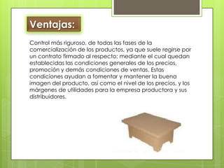 Ventajas: Control más riguroso, de todas las fases de la comercialización de los productos, ya que suele regirse por un contrato firmado al respecto; mediante el cual quedan establecidas las condiciones generales de los precios, promoción y demás condiciones de ventas. Estas condiciones ayudan a fomentar y mantener la buena imagen del producto, así como el nivel de los precios, y los márgenes de utilidades para la empresa productora y sus distribuidores. 