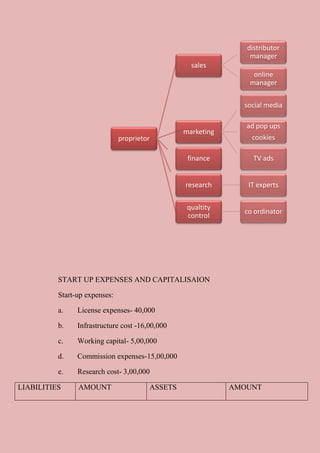 START UP EXPENSES AND CAPITALISAION
Start-up expenses:
a. License expenses- 40,000
b. Infrastructure cost -16,00,000
c. Wo...