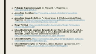 ■ Pedagogía de pares (peeragogy). En: Rheingold, H. Disponible en
http://peeragogy.github.io/
■ Aprendizaje rizomático: http://innovating-pedagogy.wikidot.com/aprendizaje-
rizomatico
■ Aprendizaje Ubicuo. En: Caldeiro, P y Schwartzman, G. (2013). Aprendizaje Ubicuo.
Disponible en: http://www.pent.org.ar/institucional/publicaciones/aprendizaje-ubicuo-
entre-lo-disperso-lo-efimero-lo-importante-nuevas-per
■ Design Thinking. https://designthinkingforeducators.com/Design-Thinking-para-
Educadores_Spanish.pdf
■ Educación abierta: Un estudio en disrupción. En: Van Mourik Broekman, P. , Hall, G. ,
Byfield, T. , Hides, S. and Worthington, S. (2014). Educación abierta: Un estudio en
disrupción. London: Rowman & Littlefield International.
http://www.rowmaninternational.com/books/open-education
■ Educación disruptiva. https://wwwhatsnew.com/2010/09/26/educacion-inclusiva-y-
entornos-personales-de-aprendizaje-ple/
■ Educación laparoscópica. En: Piscitelli, A. (2013). Educación laparoscópica. Video
disponible en : https://www.youtube.com/watch?v=3oTflSQp66w
 