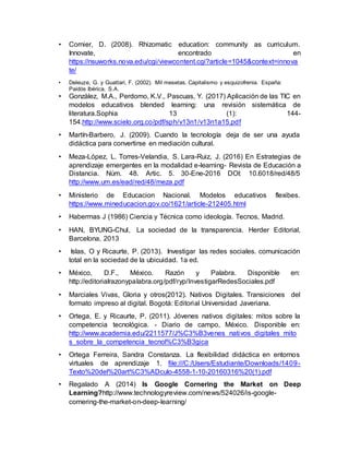 • Cornier, D. (2008). Rhizomatic education: community as curriculum.
Innovate, encontrado en
https://nsuworks.nova.edu/cgi/viewcontent.cgi?article=1045&context=innova
te/
• Deleuze, G. y Guattari, F. (2002). Mil mesetas. Capitalismo y esquizofrenia. España:
Paidós Ibérica, S.A.
• González, M.A., Perdomo, K.V., Pascuas, Y. (2017) Aplicación de las TIC en
modelos educativos blended learning: una revisión sistemática de
literatura.Sophia 13 (1): 144-
154.http://www.scielo.org.co/pdf/sph/v13n1/v13n1a15.pdf
• Martín-Barbero, J. (2009). Cuando la tecnología deja de ser una ayuda
didáctica para convertirse en mediación cultural.
• Meza-López, L. Torres-Velandia, S. Lara-Ruiz, J. (2016) En Estrategias de
aprendizaje emergentes en la modalidad e-learning- Revista de Educación a
Distancia. Núm. 48. Artic. 5. 30-Ene-2016 DOI: 10.6018/red/48/5
http://www.um.es/ead/red/48/meza.pdf
• Ministerio de Educacion Nacional. Modelos educativos flexibes.
https://www.mineducacion.gov.co/1621/article-212405.html
• Habermas J (1986) Ciencia y Técnica como ideología. Tecnos, Madrid.
• HAN, BYUNG-Chul, La sociedad de la transparencia. Herder Editorial,
Barcelona, 2013
• Islas, O y Ricaurte, P. (2013). Investigar las redes sociales. comunicación
total en la sociedad de la ubicuidad. 1a ed.
• México, D.F., México. Razón y Palabra. Disponible en:
http://editorialrazonypalabra.org/pdf/ryp/InvestigarRedesSociales.pdf
• Marciales Vivas, Gloria y otros(2012). Nativos Digitales. Transiciones del
formato impreso al digital. Bogotá: Editorial Universidad Javeriana.
• Ortega, E. y Ricaurte, P. (2011). Jóvenes nativos digitales: mitos sobre la
competencia tecnológica. - Diario de campo, México. Disponible en:
http://www.academia.edu/2211577/J%C3%B3venes_nativos_digitales_mito
s_sobre_la_competencia_tecnol%C3%B3gica
• Ortega Ferreira, Sandra Constanza. La flexibilidad didáctica en entornos
virtuales de aprendizaje 1. file:///C:/Users/Estudiante/Downloads/1409-
Texto%20del%20art%C3%ADculo-4558-1-10-20160316%20(1).pdf
• Regalado A (2014) Is Google Cornering the Market on Deep
Learning?http://www.technologyreview.com/news/524026/is-google-
cornering-the-market-on-deep-learning/
 