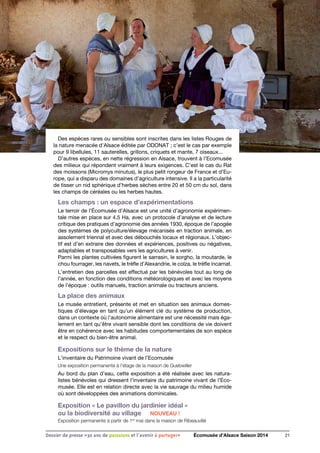 Des espèces rares ou sensibles sont inscrites dans les listes Rouges de
la nature menacée d’Alsace éditée par ODONAT ; c’est le cas par exemple
pour 9 libellules, 11 sauterelles, grillons, criquets et mante, 7 oiseaux...
D’autres espèces, en nette régression en Alsace, trouvent à l’Ecomusée
des milieux qui répondent vraiment à leurs exigences. C’est le cas du Rat
des moissons (Micromys minutus), le plus petit rongeur de France et d’Eu-
rope, qui a disparu des domaines d’agriculture intensive. Il a la particularité
de tisser un nid sphérique d’herbes sèches entre 20 et 50 cm du sol, dans
les champs de céréales ou les herbes hautes.
Les champs : un espace d’expérimentations
Le terroir de l’Écomusée d’Alsace est une unité d’agronomie expérimen-
tale mise en place sur 4,5 Ha, avec un protocole d’analyse et de lecture
critique des pratiques d’agronomie des années 1930, époque de l’apogée
des systèmes de polyculture/élevage mécanisés en traction animale, en
assolement triennal et avec des débouchés locaux et régionaux. L’objec-
tif est d’en extraire des données et expériences, positives ou négatives,
adaptables et transposables vers les agricultures à venir.
Parmi les plantes cultivées figurent le sarrasin, le sorgho, la moutarde, le
chou fourrager, les navets, le trèfle d’Alexandrie, le colza, le trèfle incarnat.
L’entretien des parcelles est effectué par les bénévoles tout au long de
l’année, en fonction des conditions météorologiques et avec les moyens
de l’époque : outils manuels, traction animale ou tracteurs anciens.
La place des animaux
Le musée entretient, présente et met en situation ses animaux domes-
tiques d’élevage en tant qu’un élément clé du système de production,
dans un contexte où l’autonomie alimentaire est une nécessité mais éga-
lement en tant qu’être vivant sensible dont les conditions de vie doivent
être en cohérence avec les habitudes comportementales de son espèce
et le respect du bien-être animal.
Expositions sur le thème de la nature
L’inventaire du Patrimoine vivant de l’Ecomusée
Une exposition permanente à l’étage de la maison de Guebwiller
Au bord du plan d’eau, cette exposition a été réalisée avec les natura-
listes bénévoles qui dressent l’inventaire du patrimoine vivant de l’Eco-
musée. Elle est en relation directe avec la vie sauvage du milieu humide
où sont développées des animations dominicales.
Exposition « Le pavillon du jardinier idéal »
ou la biodiversité au village	 NOUVEAU !
Exposition permanente à partir de 1er
mai dans la maison de Ribeauvillé
21Dossier de presse «30 ans de passsions et l'avenir à partager» Écomusée d’Alsace Saison 2014
 
