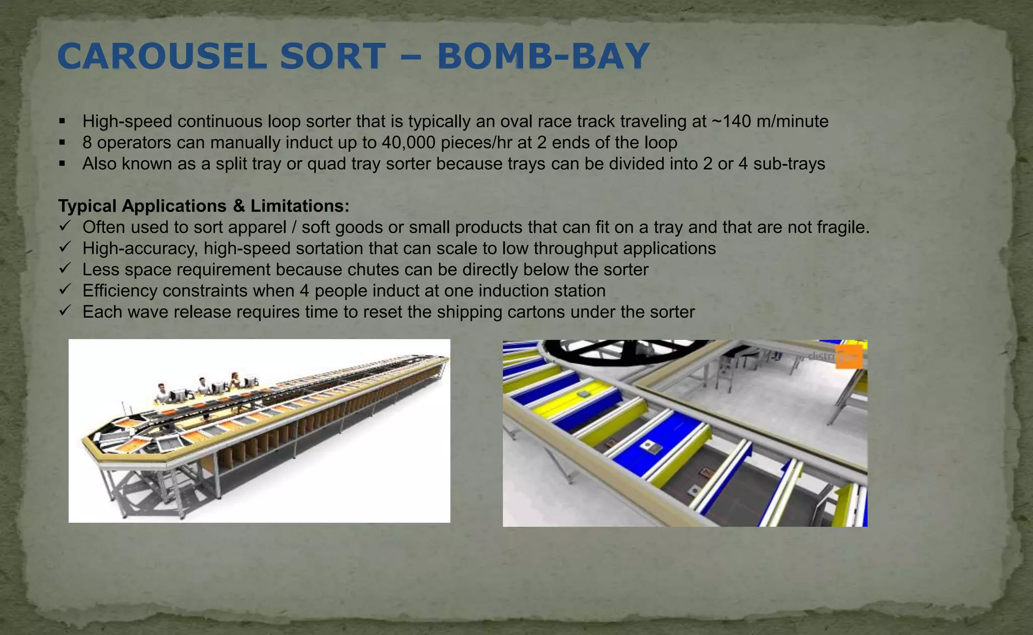 CAROUSEL SORT – BOMB-BAY
 High-speed continuous loop sorter that is typically an oval race track traveling at ~140 m/minute
 8 operators can manually induct up to 40,000 pieces/hr at 2 ends of the loop
 Also known as a split tray or quad tray sorter because trays can be divided into 2 or 4 sub-trays
Typical Applications & Limitations:
 Often used to sort apparel / soft goods or small products that can fit on a tray and that are not fragile.
 High-accuracy, high-speed sortation that can scale to low throughput applications
 Less space requirement because chutes can be directly below the sorter
 Efficiency constraints when 4 people induct at one induction station
 Each wave release requires time to reset the shipping cartons under the sorter
 