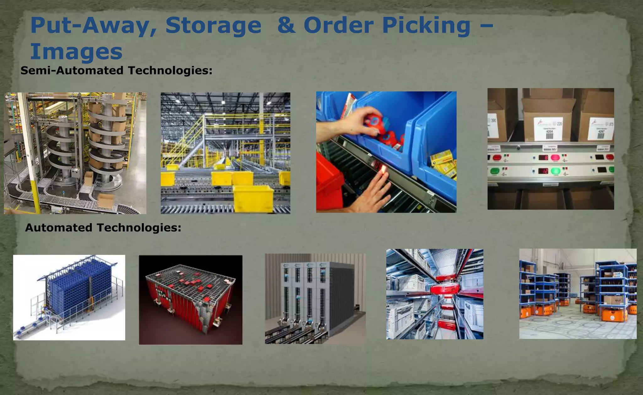 Semi-Automated Technologies:
Automated Technologies:
Put-Away, Storage & Order Picking –
Images
 