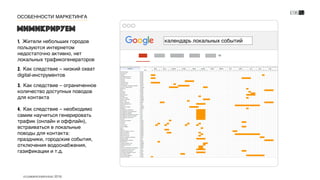 Мимикрируем
ECOMMERCEWEEKEND 2016
ОСОБЕННОСТИ МАРКЕТИНГА
2. Как следствие – низкий охват
digital-инструментов
1. Жители небольших городов
пользуются интернетом
недостаточно активно, нет
локальных трафикогенераторов
3. Как следствие – ограниченное
количество доступных поводов
для контакта
4. Как следствие – необходимо
самим научиться генерировать
трафик (онлайн и оффлайн),
встраиваться в локальные
поводы для контакта:
праздники, городские события,
отключения водоснабжения,
газификации и т.д.
календарь локальных событий
 