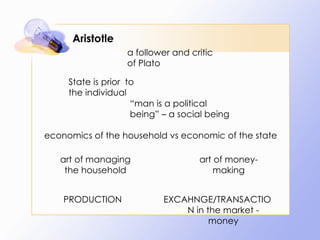 Aristotle a follower and critic of Plato State is prior  to the individual “ man is a political being” – a social being economics of the household vs economic of the state art of managing the household art of money-making PRODUCTION EXCAHNGE/TRANSACTION in the market - money 