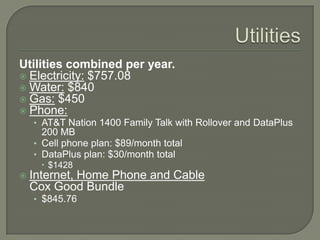 UtilitiesUtilities combined per year.Electricity: $757.08Water: $840Gas: $450Phone:AT&T Nation 1400 Family Talk with Rollover and DataPlus 200 MBCell phone plan: $89/month totalDataPlus plan: $30/month total$1428Internet, Home Phone and CableCox Good Bundle$845.76