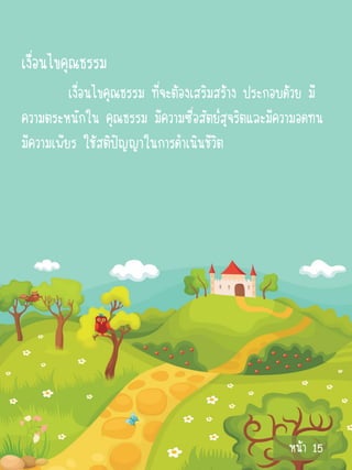 เงื่อนไขคุณธรรม
          เงื่อนไขคุณธรรม ที่จะต้องเสริมสร้าง ประกอบด้วย มี
ความตระหนักใน คุณธรรม มีความซื่อสัตย์สุจริตและมีความอดทน
มีความเพียร ใช้สติปัญญาในการดาเนินชีวิต




                                                    หน้า 15
 