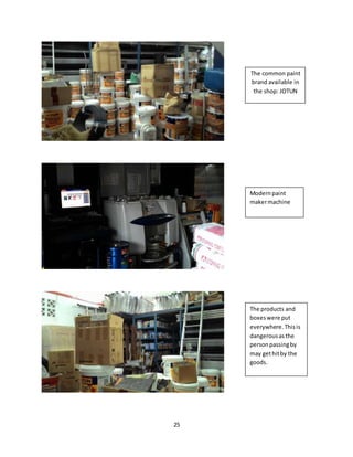 25
The common paint
brand available in
the shop: JOTUN
Modernpaint
makermachine
The products and
boxeswere put
everywhere.Thisis
dangerousasthe
personpassingby
may gethitby the
goods.
 