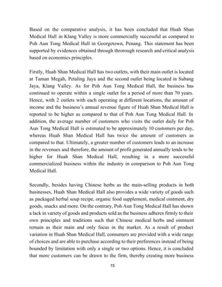 Based on the comparative analysis, it has been concluded that Huah Shan                       
Medical Hall in Klang Valley is more commercially successful as compared to                       
Poh Aun Tong Medical Hall in Georgetown, Penang. This statement has been                       
supported by evidences obtained through throrough research and critical analysis                   
based on economics principles.  
  
Firstly, Huah Shan Medical Hall has two outlets, with their main outlet is located                           
at Taman Megah, Petaling Jaya and the second outlet being located in Subang                         
Jaya, Klang Valley. As for Poh Aun Tong Medical Hall, the business has                         
continued to operate within a single outlet for a period of more than 70 years.                             
Hence, with 2 outlets with each operating at different locations, the amount of                         
income and the business’s annual revenue figure of Huah Shan Medical Hall is                         
reported to be higher as compared to that of Poh Aun Tong Medical Hall. In                             
addition, the average number of customers who visits the outlet daily for Poh                         
Aun Tong Medical Hall is estimated to be approximately 10 customers per day,                         
whereas Huah Shan Medical Hall has twice the amount of customers as                       
compared to that. Ultimately, a greater number of customers leads to an increase                         
in the revenues and therefore, the amount of profit generated annually tends to be                           
higher for Huah Shan Medical Hall, resulting in a more successful                     
commercialized business within the industry in comparison to Poh Aun Tong                     
Medical Hall. 
  
Secondly, besides having Chinese herbs as the main­selling products in both                     
businesses, Huah Shan Medical Hall also provides a wide variety of goods such                         
as packaged herbal soup recipe, organic food supplement, medical ointment, dry                     
goods, snacks and more. On the contrary, Poh Aun Tong Medical Hall has shown                           
a lack in variety of goods and products sold as the business adheres firmly to their                               
own principles and traditions such that Chinese medical herbs and ointment                     
remain as their main and only focus in the market. As a result of product                             
variation in Huah Shan Medical Hall, consumers are provided with a wide range                         
of choices and are able to purchase according to their preferences instead of being                           
bounded by limitation with only a single or two options. Hence, it is concluded                           
that more customers can be drawn to the firm, thereby creating more business                         
15 
 