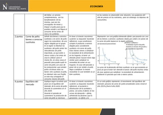 Pág. 2
ECONOMÍA
del Dólar, un servicio
complementario, son los
beneficiadores de los
mismos, que son los
encargados de matar y
limpiar al pollo para que lo
puedan vender y así llegue al
consumo de las amas de
casa y las pollerías.
en las noticias es observable esta situación, nos quejamos del
alta de precios en los noticieros, pero sin embargo no dejamos de
consumirlos.
2 puntos Carne de pollo:
bienes o servicios
sustitutos
Señale dos bienes o servicios
sustitutos a la carne de pollo
según las costumbres de una
región elegida por el grupo.
En la región la libertad los
sustitutos del pollo serían las
menudencias de pollo
importada, ya que están a
menor costos y las amas de
casa lo utilizan para el
mismo fin, en otros casos el
pescado para poder suplir la
carne de pollo y en caso de
los restaurantes que venden
pollo a la braza estos no
tienen otro sustituto al pollo,
en Libertad más aun Trujillo
se esta muy arraigado el
consumo masivo del pollo
En base a la teoría económica
sustente su respuesta haciendo
referencia a que condiciones
cumple el producto o servicio
elegido para considerarlo
sustituto a la carne de pollo.
Estos bienes vienes a satisfacer
la necesidad de la alimentación
en los hogares, al tener un
elevado precio buscan tener algo
similar para satisfacer la
necesidad de comer en sus
hogares. En caso del pescado a
pesar de no ser similar al pollo
llega a satisfacer la misma
necesidad, lo cual también es un
bien sustituto.
Represente con una gráfica demanda-oferta que pasaría con uno
de los bienes o servicios sustitutos dados por usted si el precio de
la carne de pollo bajase en la región señalada.
La curva de la demanda del bien sustituto se ve que aumenta un
poco ya que al estar tan elevado el precio del pollo muchas amas
de casa optaran por satisfacer la necesidad de alimentación
mediante el pescado que este a menor precio.
4 puntos Equilibrio del
mercado
Explique según la noticia que
pasó con el equilibrio del
mercado de la carne de pollo
durante la cuarentena en el
año 2020.
Durante el periodo de
cuarentena la producción de
carne de pollo se mantuvo
En base a la teoría económica
sustente su respuesta haciendo
referencia al aumento o
disminución de la cantidad y
precio, así como el efecto en las
curvas de demanda – oferta,
señalando los factores que lo
generaron. La oferta y la
En un solo gráfico represente el movimiento del equilibrio del
mercado peruano de carne de pollo considerado como inicial el
año 2019 y final el año 2020.
 