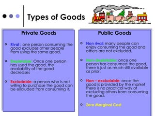Types of Goods Private Goods Rival :  one person consuming the good excludes other people from using the same good. Depletable:  Once one person has used the good, the availability of the good decreases Excludable:  a person who is not willing to purchase the good can be excluded from consuming it.  Public Goods Non rival:   many people can enjoy consuming the good and others are not excluded. Non-depletable:   once one person has consumed the good, there is just as much still available as prior.  Non – excludable:   once the good is provided by the market there is no practical way of excluding others from consuming the good.  Zero Marginal Cost 
