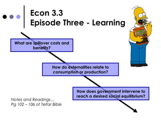 Econ 3.3 Episode Three - Learning What are spillover costs and benefits? How do externalities relate to consumption or production? Notes and Readings… Pg 102 – 106 of Telfar Bible How does government intervene to reach a desired social equilibrium? 