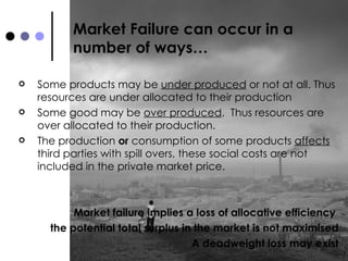 Market Failure can occur in a number of ways… Some products may be  under produced  or not at all. Thus resources are under allocated to their production Some good may be  over produced .  Thus resources are over allocated to their production. The production  or  consumption of some products  affects  third parties with spill overs, these social costs are not included in the private market price.  Market failure implies a loss of allocative efficiency  the potential total surplus in the market is not maximised A deadweight loss may exist 