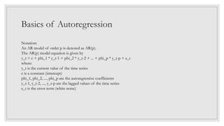 Basics of Autoregression
Notation:
An AR model of order p is denoted as AR(p).
The AR(p) model equation is given by
y_t = c + phi_1 * y_t-1 + phi_2 * y_t-2 + ... + phi_p * y_t-p + e_t
where:
y_t is the current value of the time series
c is a constant (intercept)
phi_1, phi_2, ..., phi_p are the autoregressive coefficients
y_t-1, y_t-2, ..., y_t-p are the lagged values of the time series
e_t is the error term (white noise)
 