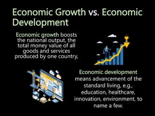 Economic Growth vs. Economic
Development
Economic growth boosts
the national output, the
total money value of all
goods and services
produced by one country,
Economic development
means advancement of the
standard living, e.g.,
education, healthcare,
innovation, environment, to
name a few.
 