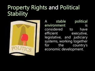 Property Rights and Political
Stability
A stable political
environment is
considered to have
efficient executive,
legislative, and judiciary
systems, working together
for the country’s
economic development.
 