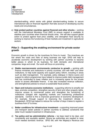 Page 11 of 27 
standard-setting, which works with global standard-setting bodies to secure international rules on financial regulation that take account of developing country needs and circumstances. 
e) Help protect partner countries against financial and other shocks – working with the International Monetary Fund (IMF) to ensure support is available to stabilise poor countries when financial shocks arise. We will also support global action to protect against food price volatility, and strengthen food security by working to improve the functioning of food markets and investment in agricultural sectors. 
Pillar 2 – Supporting the enabling environment for private sector growth 
Economic growth is driven by the incentives for firms to invest. The incentives are low where the costs and risks of doing business are high. DFID will help to accelerate economic development by working with partner countries to become better places in which to do business, for both domestic and international companies, large and small. Our work will focus on promoting: 
a) Stable macroeconomic environments conducive to growth – working with finance ministries and institutions in priority countries, and with HMT and other institutions, to help build capacity and support policy reform, including in areas such as debt management. For example, policy dialogue in Sierra Leone and support to reform programmes have helped to improve public debt management that has contributed to lower inflation and is increasing space for the private sector to access affordable finance. It has also increased revenue collection, and strengthened policies to ensure a sustainable fiscal position. 
b) Open and inclusive economic institutions – supporting reforms to simplify red tape, promote competition, strengthen security of land and other property rights, improve access to commercial justice and strengthen the functioning of institutions charged with regulating markets and maintaining professional standards. Central to this is improved governance of economic development. For example, through support to improving the investment climate in Bangladesh, DFID has helped to reduce the number of days it takes to register a business from 57 to three. 
c) Better conditions for infrastructure investment – supporting improved power and transport sector policies in partner countries to address constraints that deter much needed investment in infrastructure. 
d) Tax policy and tax administration reforms – tax laws need to be clear, and consistently and equitably applied. Strong tax authorities are needed to raise much needed domestic revenue. DFID will, with Her Majesty’s Revenue and  