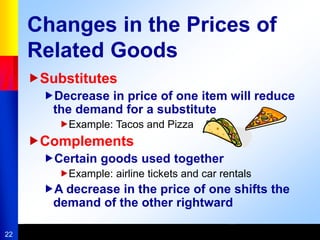 22
Changes in the Prices of
Related Goods
Substitutes
Decrease in price of one item will reduce
the demand for a substitute
Example: Tacos and Pizza
Complements
Certain goods used together
Example: airline tickets and car rentals
A decrease in the price of one shifts the
demand of the other rightward
 