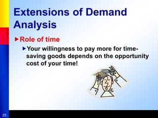 25
Extensions of Demand
Analysis
Role of time
Your willingness to pay more for time-
saving goods depends on the opportunity
cost of your time!
 