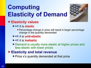 15
Computing
Elasticity of Demand
Elasticity values
>1 it is elastic
Percentage change in price will result in larger percentage
change in the quantity demanded
=1 it is unit-elastic
<1 it is inelastic
Demand is usually more elastic at higher prices and
less elastic with lower prices
Elasticity and total revenue
Price x’s quantity demanded at that price
 