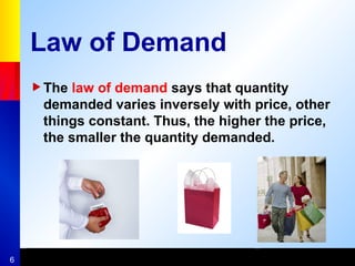 6
Law of Demand
The law of demand says that quantity
demanded varies inversely with price, other
things constant. Thus, the higher the price,
the smaller the quantity demanded.
 