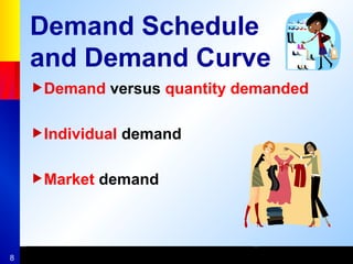8
Demand Schedule
and Demand Curve
Demand versus quantity demanded
Individual demand
Market demand
 