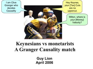 Keynesians vs monetarists A Granger Causality match Guy Lion  April 2006  Hey Keynes, your [Tax] Cuts are no uppercut. Milton, where is your [Money] Velocity? I am Clive Granger who decides Causality 