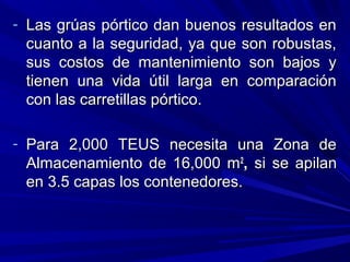 - Las grúas pórtico dan buenos resultados enLas grúas pórtico dan buenos resultados en
cuanto a la seguridad, ya que son robustas,cuanto a la seguridad, ya que son robustas,
sus costos de mantenimiento son bajos ysus costos de mantenimiento son bajos y
tienen una vida útil larga en comparacióntienen una vida útil larga en comparación
con las carretillas pórtico.con las carretillas pórtico.
- Para 2,000 TEUS necesita una Zona dePara 2,000 TEUS necesita una Zona de
Almacenamiento de 16,000 mAlmacenamiento de 16,000 m22
,, si se apilansi se apilan
en 3.5 capas los contenedores.en 3.5 capas los contenedores.
 